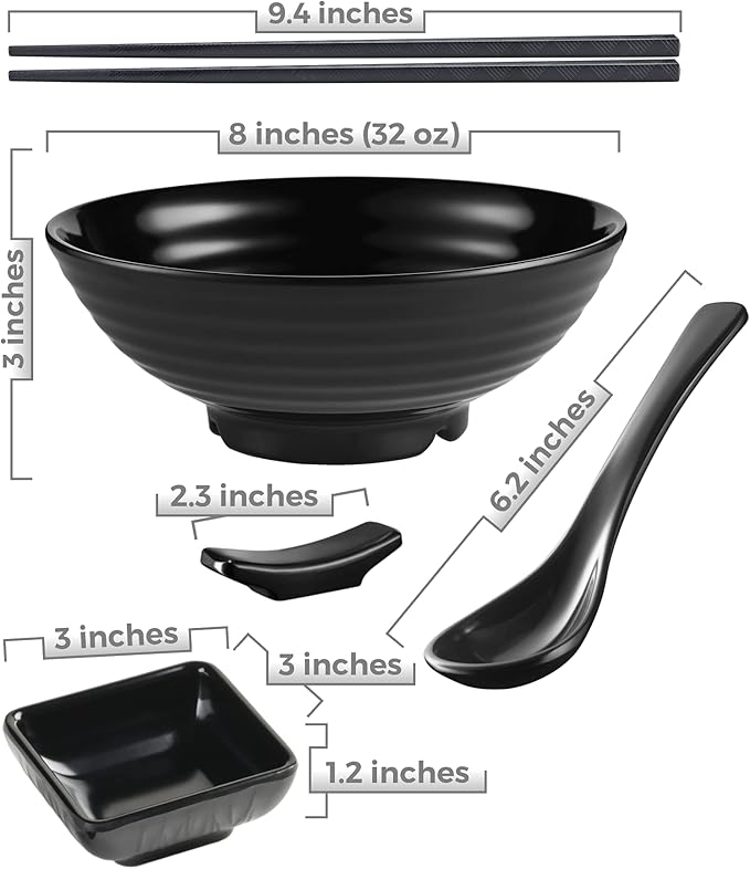 4 Noodle Bowls Set - large 32oz Ramen Bowl Set for authentic Asian Cuisine - with Dipping Bowls, Spoons, Chopsticks & Chopstick Stands. Enjoy Thai Miso Udon Wonton (4 Bowl Set, Black)