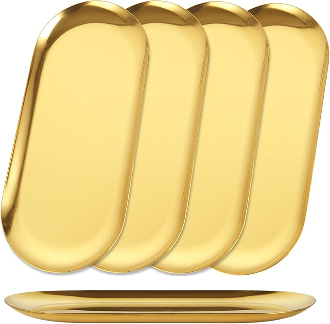 5PCS Stainless Steel Serving Tray Set Gold Platters for Serving Food Party Large Metal Trays Decorative 12" Long Plate Oval Storage Trays Thickened Serving Dishes for Entertaining Sushi Snack