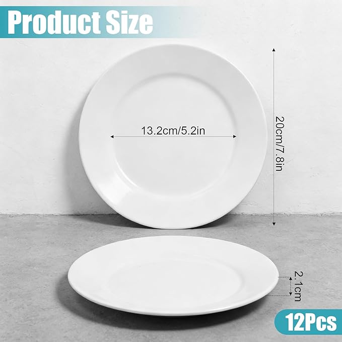 12 Pieces 8 Inch Round Porcelain Plates Set, Round Ceramic Salad Dessert Dinner Plates, Lead-Free, Microwave, Dishwasher, Oven & Freezer Safe