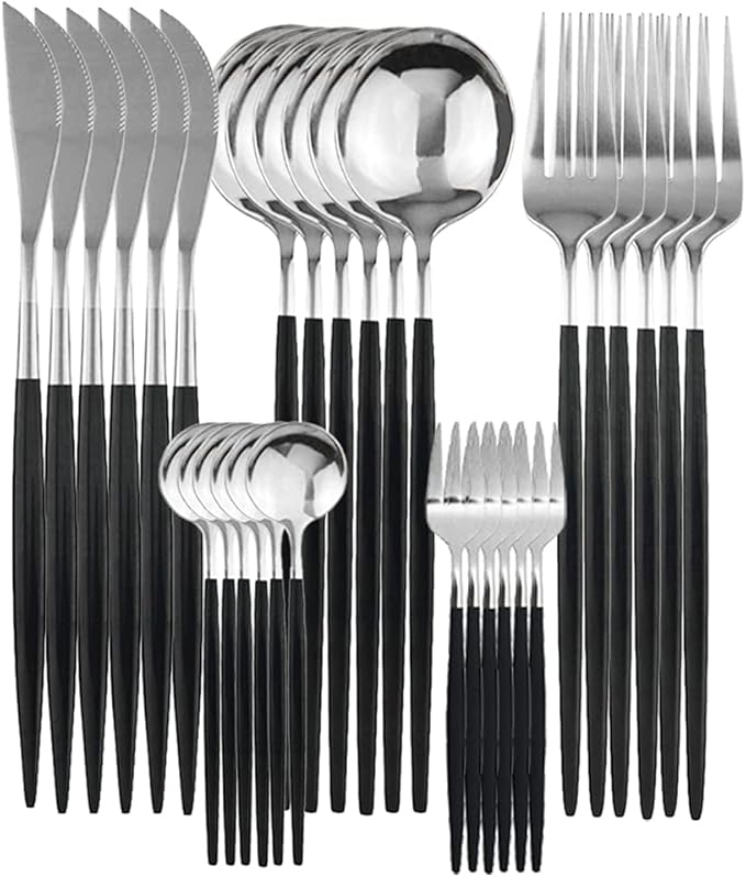 Gugrida Black Flatware Serving Set 30 Piece, 304 Stainless Steel Silverware Set,Black Silver Cutlery Set, Modern Elegant Tableware Set for Party, Christmas, Dinner (Black Silver)