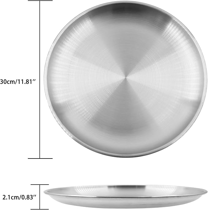 304 Stainless Steel Plates,Silver Round Dinner Dishes,Feeding Serving Camping Plates,Reusable Dinner Plates,Durable Metal Plates, Double Walled Plates for Picnic BBQ Steak 2PCS, 30cm/11.81''