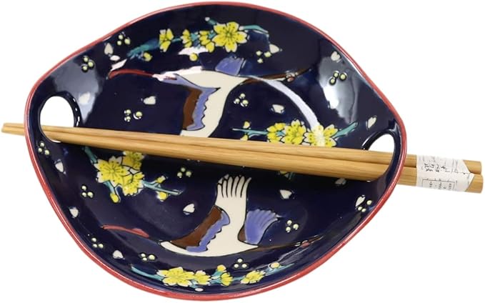 Ebros White Crane In Midnight Sky Appetizer Snack Serving Coupe Plate Dish With Chopsticks And Built In Rest Set Small Flat Bowl For Hors D'oeuvres Sushi Ice Cream Serveware Plates (2)