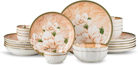 Plates and Bowls Sets for 6, 24-Piece Dinnerware Set Ceramic, Dish Sets for 6 with Camellia Floral Pattern, Microwave & Dishwasher Safe for Everyday Use & Gift Giving