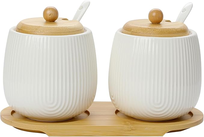 Sugar Bowl Set of 2,Ceramic Sugar Bowl with Lid and Spoon,Sugar Jar Seasoning Container Set for Coffee Bar Kitchen Home (2, White)