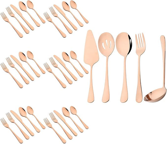 35-Piece Copper Flatware Set With Serving Set, 18/0 Stainless Steel Cutlery Set Service For 6, Mirror Polished, Dishwasher Safe
