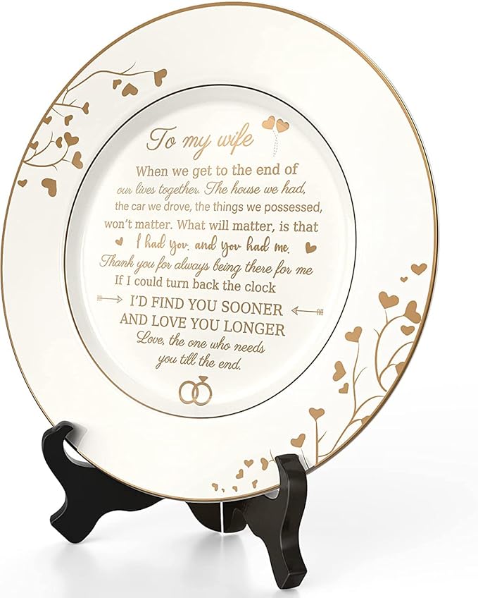 Gifts for Wife - To My Wife Plate with 24k Gold Foil, Happy Birthday Anniversary Wedding Gift for Her from Husband, Ceramic 9"