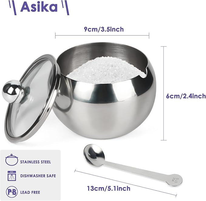 asika Sugar Bowl, Stainless Steel Sugar Pot with Clear Lid and Spoon, Drum Shape Small Condiment Container for Home and Kitchen, 8.1 Ounces(240 Milliliter)
