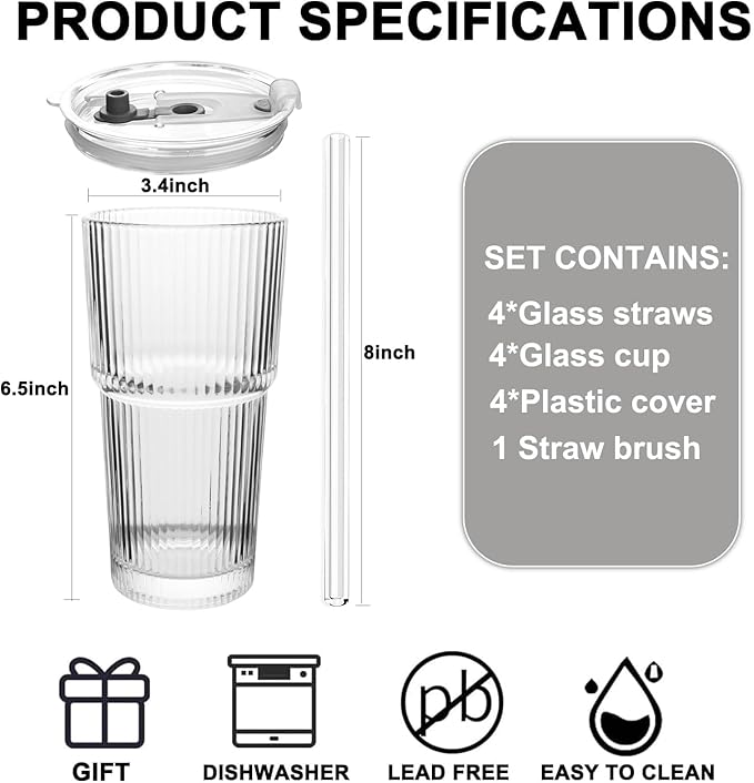 CHPINDAM Ribbed Drinking Glasses,with Lids and Straws Glass Cup,19oz Glass cup,4 Pack Old Fashioned Glasses,Thickened for iced coffees,cocktails and juices, perfect for families and parties (4)