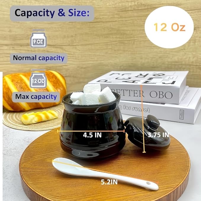 Ceramic Sugar Bowl with Lid and Spoon,12 oz Porcelain Sugar Jar Sugar Dispenser, Sugar Salt Container for Home and Kitchen Countertop Canisters, Black