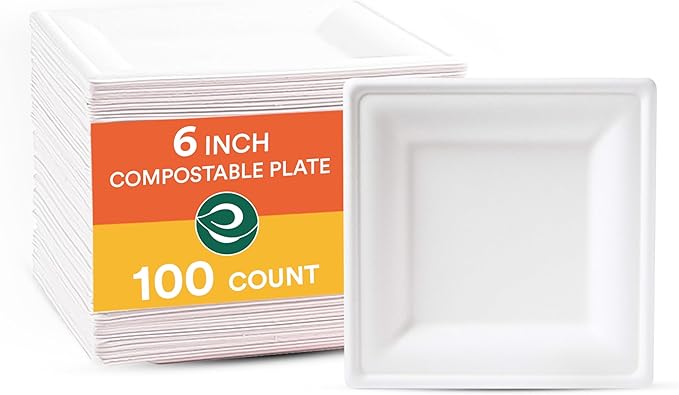 ECO SOUL Compostable Square Paper Plates 6 Inch (100 Count) Small Plates for Christmas Dessert, Heavy Duty, Eco-Friendly Sugarcane Bagasse For Appetizer- White