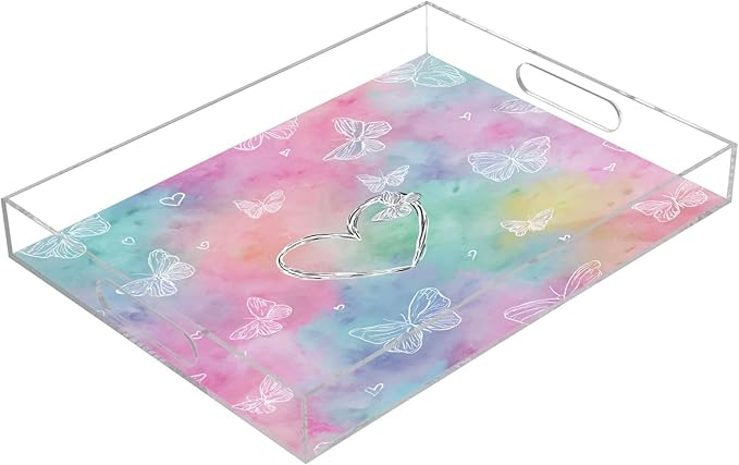 Serving Tray with Handles Clear Acrylic Tray 12x16 Inch Decorative Rectangular Tray Organizer for Ottoman Coffee Table Bathroom Tie Dye Heart Butterflies
