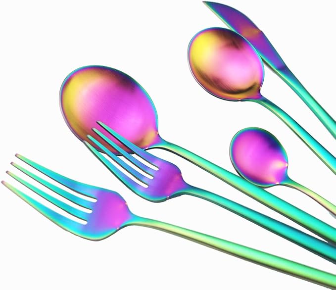 30 Pieces Titanium Iridescent Plated 304 Stainless Steel Flatware Sets, Satin Finish Rainbow Silverware Set Include Dinner Knife Fork Spoon, Cutlery Set,Matte Polished Utensils Service for 6