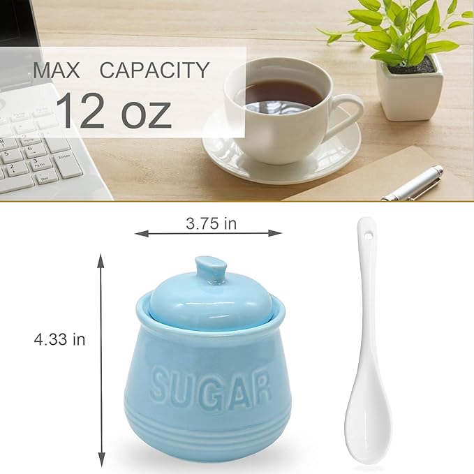 Sugar Bowl with Lid and Spoon, Ceramic Sugar Containers for Countertop, Coffee Bar Accessories for Kitchen 12oz