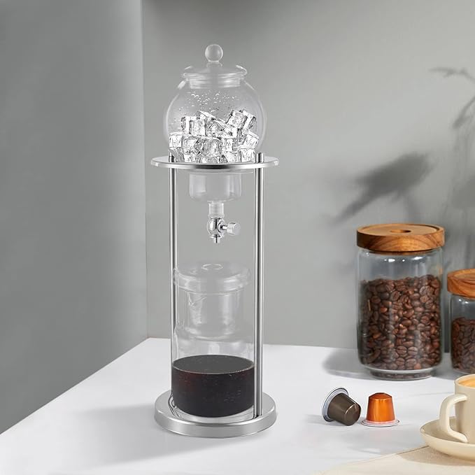Metal Cold Brew Drip Tower, Ice Cold Drip Tower 600ml Capacity, Iced Coffee Cold Brew Drip Tower, Ice Coffee Maker for Home, Coffee Shops, Offices 6-8 Cups (Silver)