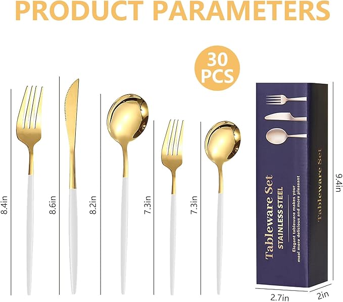 Kawlity Stainless Steel Serving Flatware Durable White & Gold Polished Knives Spoon Forks 30 Pcs Utensil Dinner Tableware, for Kitchen Dishwasher Adults and Children Ideal Gift
