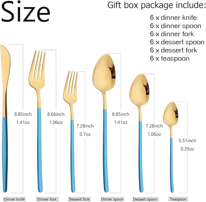 36pcs Silverware Set, 18/10 Stainless Steel Serving Flatware With Curved Handle For 6, Durable Eating Utensils For Home Entertaining, Mirror Polished (Blue Gold)