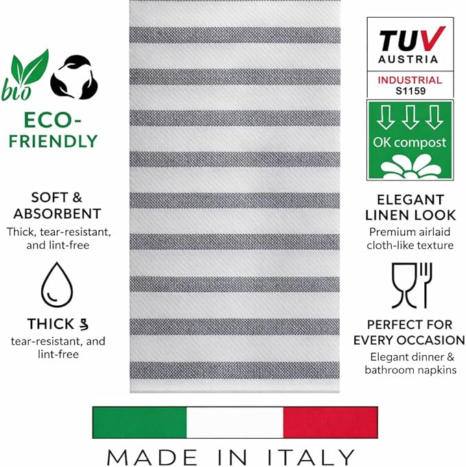 Made in Italy Linen-Feel Disposable Guest Towels - Premium Airlaid Cloth-Like Bathroom Napkins, Soft & Absorbent Luxury Hand Towels, Elegant Striped Dinner Napkins for Parties