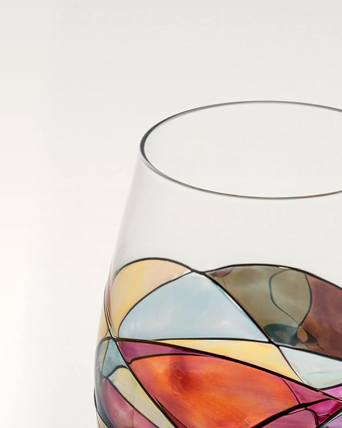 Sagrada Barcelona Large Wine Glasses 29 Oz Handmade Mouth Blown Unique Gift Mother's Day Birthdays Anniversaries Weddings Stained Glass Art (Set 1, Red)