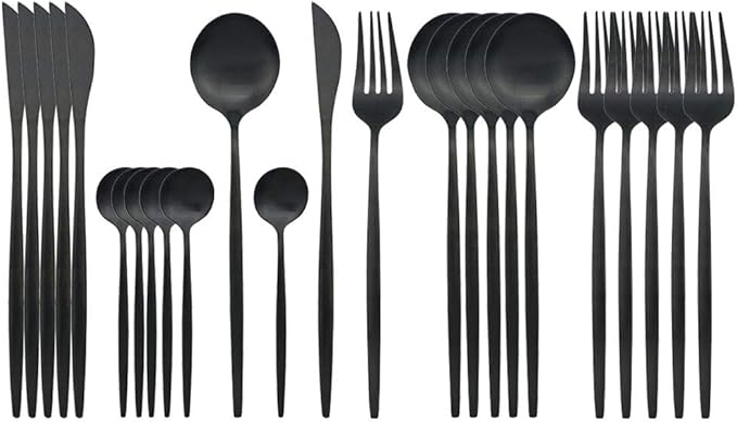 JASHII Flatware Set, 24-piece Silverware Cutlery Set with Serving Pieces, Stainless Steel Utensils, Include Knife/Fork/Spoon, Matte Finish, Dishwasher Safe, Service for 6 (Black)