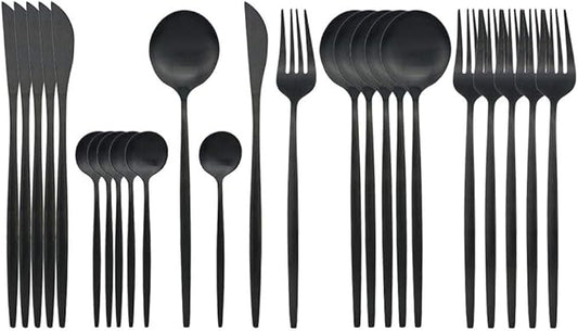 JASHII Flatware Set, 24-piece Silverware Cutlery Set with Serving Pieces, Stainless Steel Utensils, Include Knife/Fork/Spoon, Matte Finish, Dishwasher Safe, Service for 6 (Black)