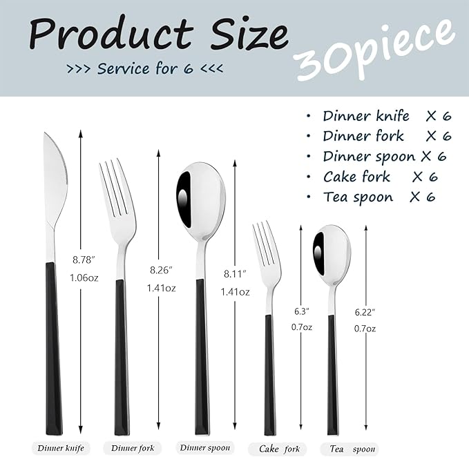 30pcs Modern Handle Flatware Set, Stainless Steel Cutlery Set Include Knife/Fork/Spoons, Mirror Polish, Service for 6 (Black Silver)