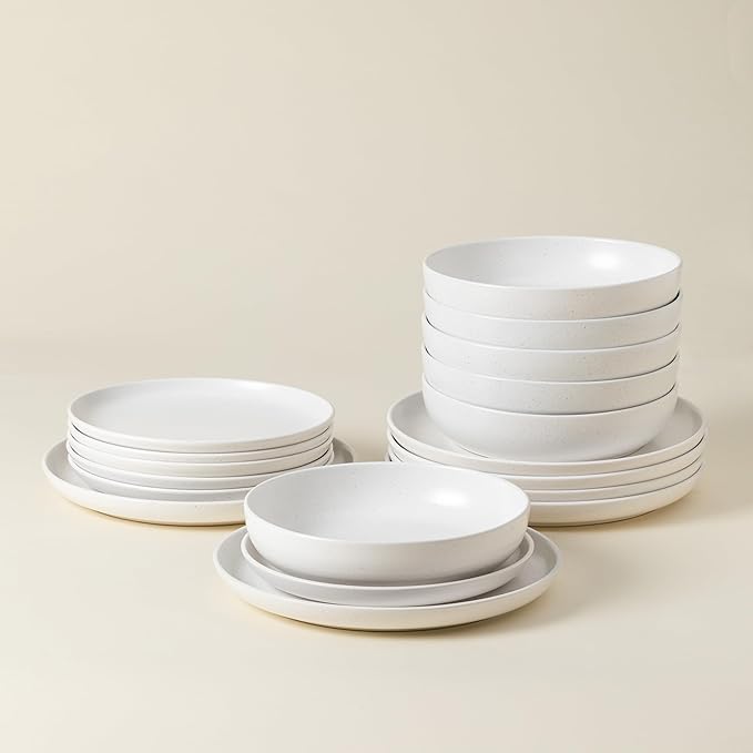 Casafina Ceramic Stoneware 18-Piece Place Setting Service for 6 with Pasta Bowls - Pacifica Collection, Salt White | Microwave & Dishwasher Safe Dinnerware Set | Food Safe Restaurant Quality Tableware