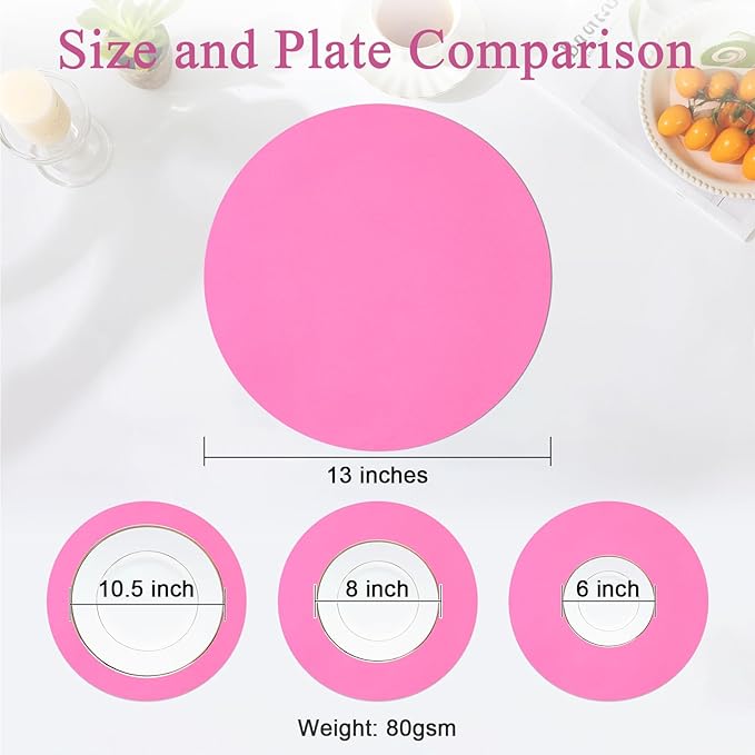 SHACOS 100 pcs Ultra Pink Valentine Round Paper Placemats Disposable 13 inch Colored Paper Place Mats for Wedding Birthday Party Bridal Baby Shower Table Decoration