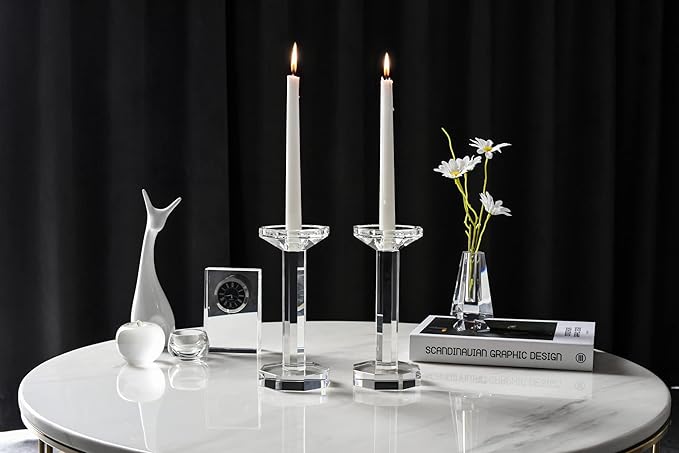 kitCom Crystal Candle Holders Set of 2, 8.27 Inch Tall Crystal Candlestick Holders for Taper, Long Candles or Tea Lights - Home Decoration, Wedding, Housewarming and Graduation Gifts