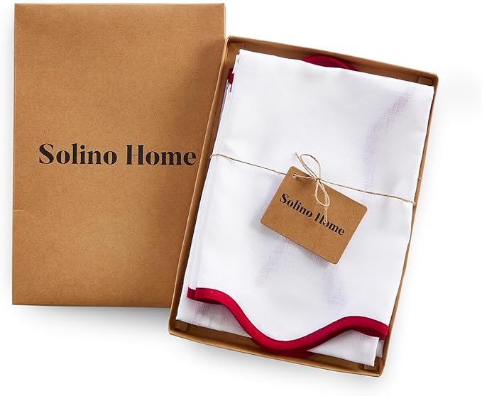 Solino Home Scallop Linen Napkins Set of 4-100% Pure Linen Red and White Dinner Napkins Cloth 20 Inch - Giselle Scallop Edge, Handcrafted and Machine Washable - Christmas, New Year