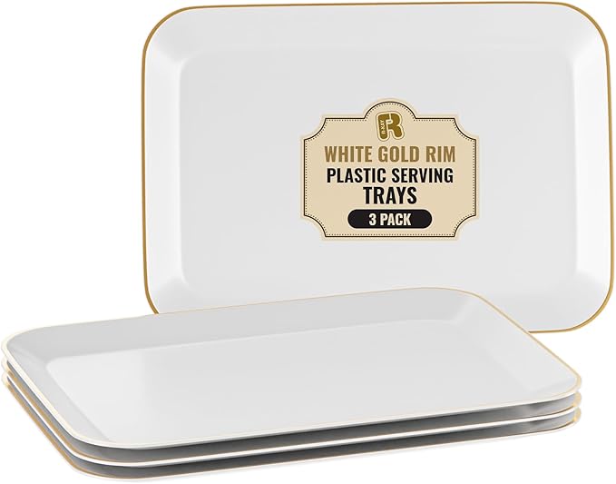 3 Pack Plastic Serving Trays for Party - White and Gold Serving Tray 8 by 11 in - Heavy Duty Dessert Trays for Food - Rectangular Party Serving Trays, Gold Platters