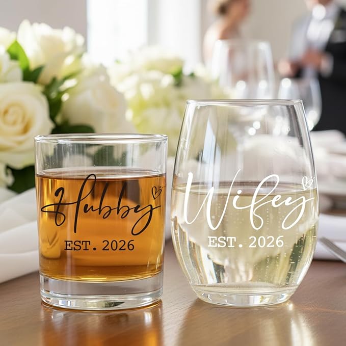 Wedding Gifts for Couple,Friends,Newlyweds,Hubby and Wifey Gifts Stemless Wine Glass,Mr and Mrs Cups for His Her,Bridal Shower Gift for Bride and Groom,Married Gift for Christmas,Housewarming-67