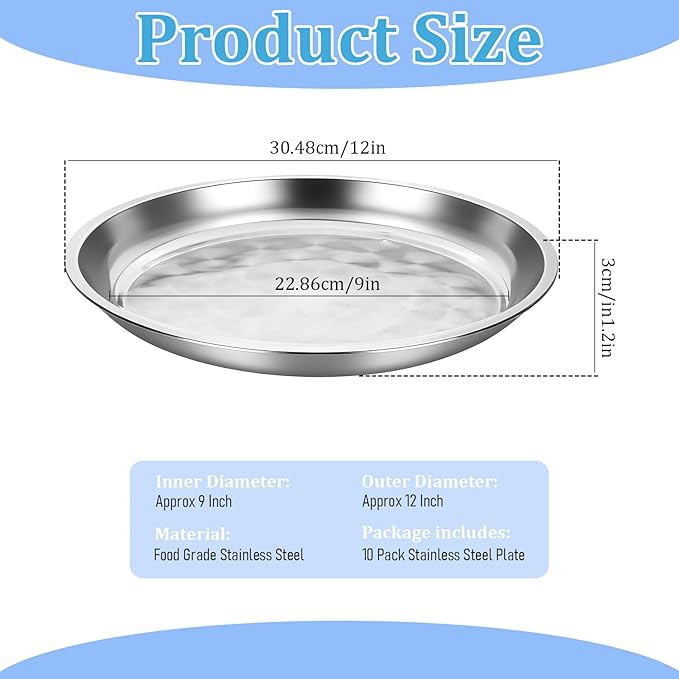 10 Pack Stainless Steel Silver Serving Tray, 12 Inch Round Serving Bar Silver Serving Platter Sturdy Metal Display Tray for Coffee Table Party Club Home