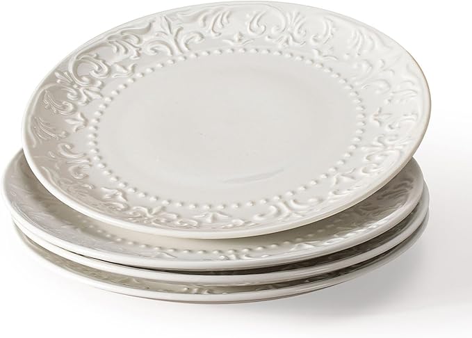 Salad Plates Set of 4 - 8.25 Inch Ceramic Embossed Appetizer and Dessert Plates, Modern White Small Dinner Set for Kitchen - Microwave, Oven and Dishwasher Safe (Brocade Flower)