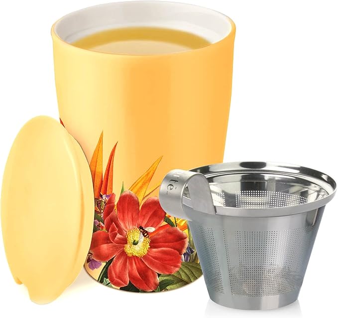 Tea Forte Double-Walled Ceramic Kati Cup, Removable Stainless Steel Infuser Basket and Lid, Steeps 12 oz Loose Leaf Tea, Dishwasher & Microwave Safe, Paradis