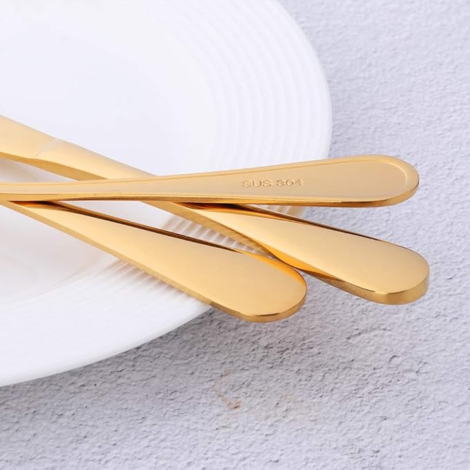 Flatware Silverware sets, 6pcs 18/8 Stainless Steel Student Cutlery Serving for 2, BPA-free Self-feeding Safe Kitchen Utensils, Mirror Polished (Gold)