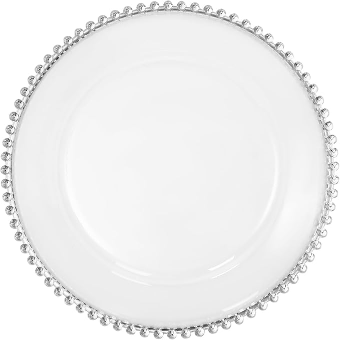 25 Pack Silver Charger Plates – Elegant Round Decorative Plates with Beaded Edge – Clear & Gold Hot-Stamped PS Platters for Weddings, Parties, Banquets – Stackable, Reusable