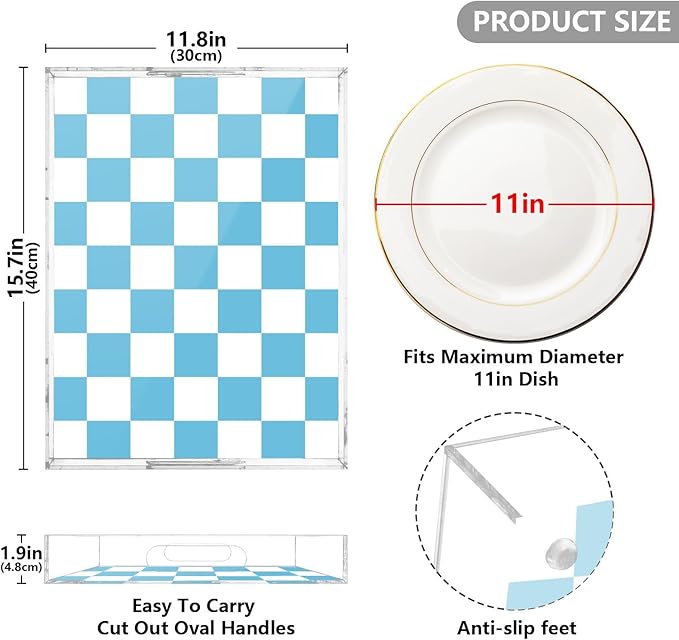 Serving Tray with Handles Clear Acrylic Tray 12x16 Inch Decorative Rectangular Tray Organizer for Ottoman Coffee Table Bathroom Checkered Blue and White