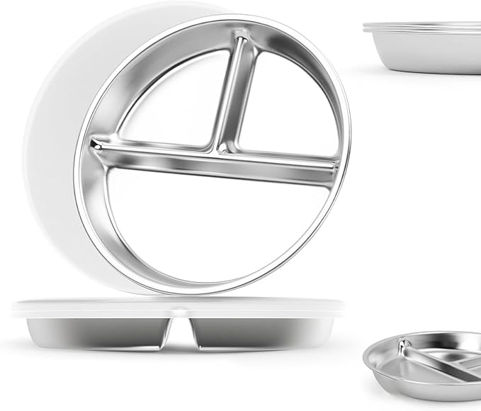 Stainless Steel Kids Plates with Lid 2 Packs, Deepened 9" Portion Control Plate Divided Plate for Adults Bariatric Weight Loss & Diabetic Diet, Non Toxic Unbreakable Toddlers Lunch Dishes