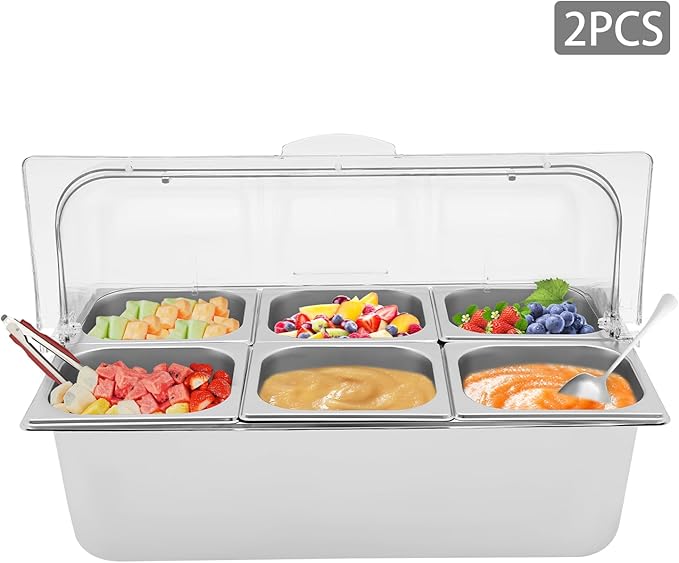 Food Serving Display Container, 2Pcs Countertop Salad Bar with Clear Roll Top Cover, 6-Pan Stainless Steel Food Serving Tray Buffet Condiment Dispenser (12* Spoons+12* Clamps)