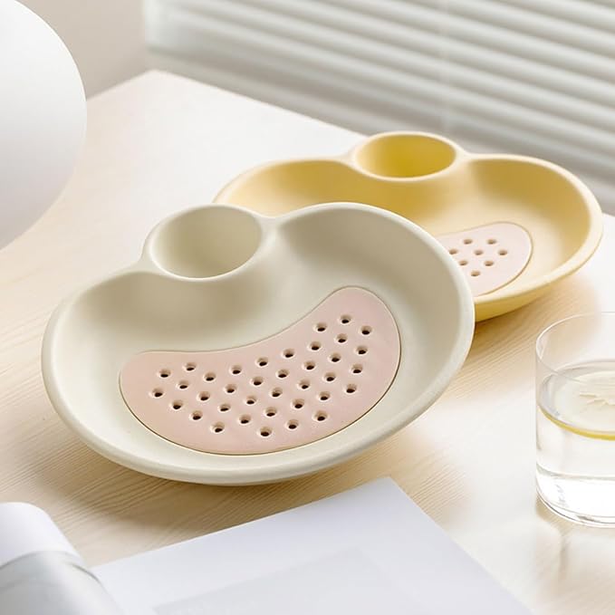Luxshiny Ceramic Dipping Plate Dumpling Serving Tray Sauce Compartment Oval Shape Kitchen Plate