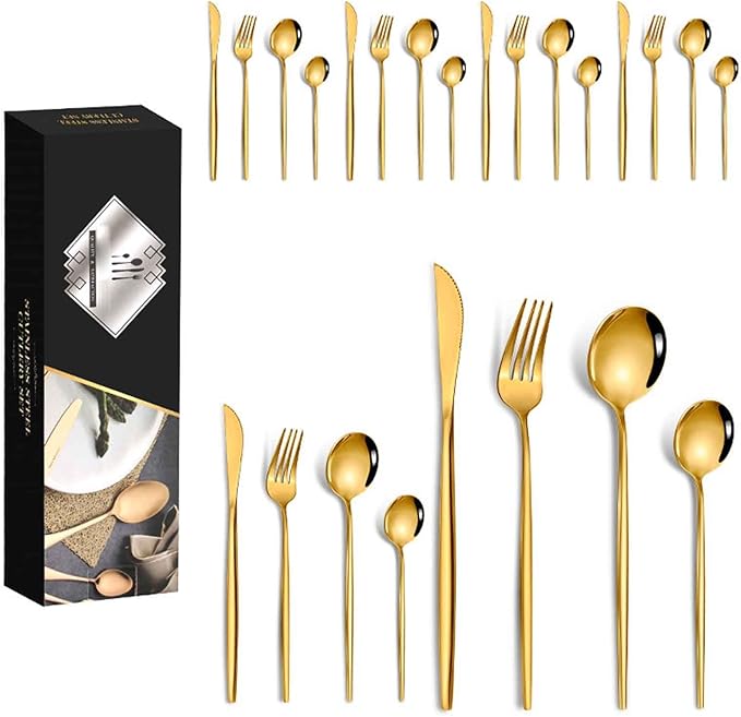 24 PCS Stainless Steel Cutlery Serving Set for 6 with Spoon Knife and Fork, Easy to Clean, Matte Mirror Polished for Home, Restaurant, Parties, Dishwasher Safe(Gold,A)