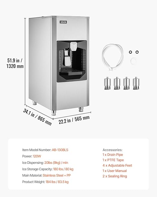 VEVOR Ice Dispenser, Ice Storage Bin with 180 Lbs Storage Capacity, 20 Lbs/Min Automatic Ice Dispensing with Crusher, Height Adjustable Feet, for Commercial Ice Maker Machine, Restaurant and Hotel