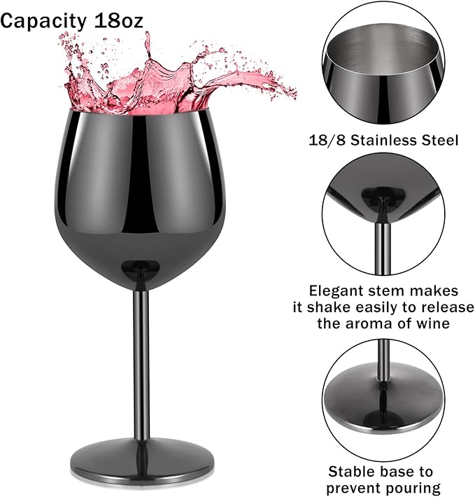 Lifecapido Stainless Steel Wine Glasses Set of 6, 18oz Stainless Steel Metal Wine Glasses, Black Wine Glasses with Cup Brush for Party Office Wedding Anniversary, Great for Red White Wine, Black