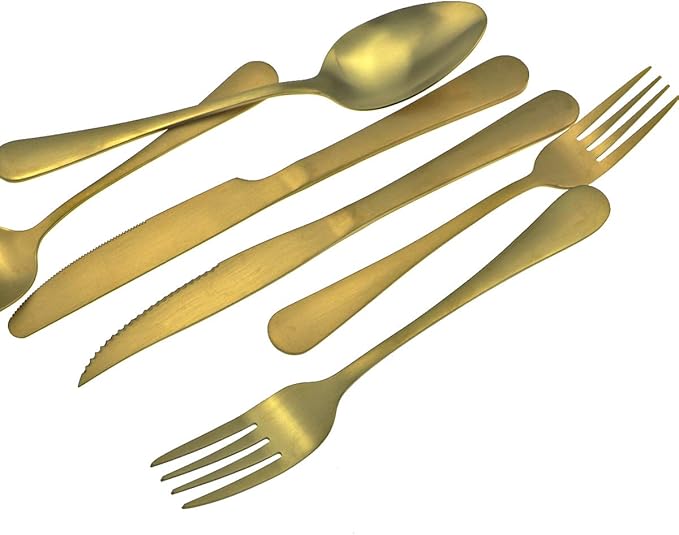 Gugrida 24-Piece Titanium Gold Plated Stainless Steel Flatware Set, Travel Cutlery Include Knife Fork Spoon Service for 4,Healthy & Eco-Friendly Silverware - Matte Elegant Modern Eating Utensils