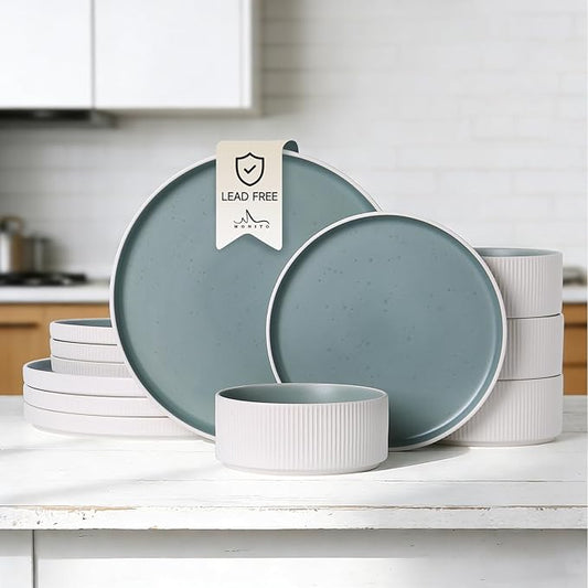 MONITO Ceramic Dinnerware Sets for 4, 12PCS Stoneware Plates and Bowls Sets, Reactive Glaze Dish Set, Chip and Scratch Resistant Double, Microwave and Dishwasher Safe, White Cyan