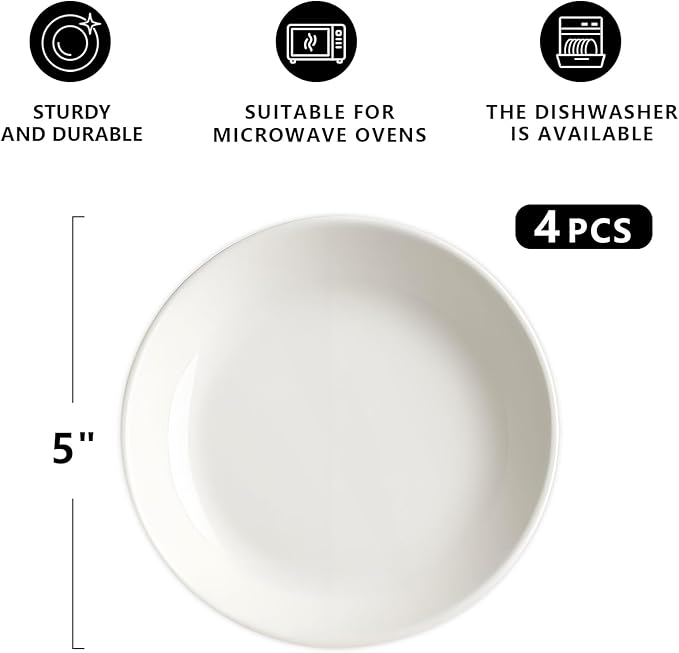 Appetizer Plates Set of 4, Small Ceramic White Dessert Plate, 5 Inch Small Plates Ceramic for Cake, Bread, Snack Sauce, Salad, Microwave and Dishwasher Safe (5 inch, 4 pack)