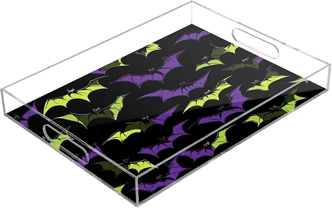 Serving Tray with Handles Clear Acrylic Tray 12x16 Inch Decorative Rectangular Tray Organizer for Ottoman Coffee Table Bathroom Halloween Bats Black