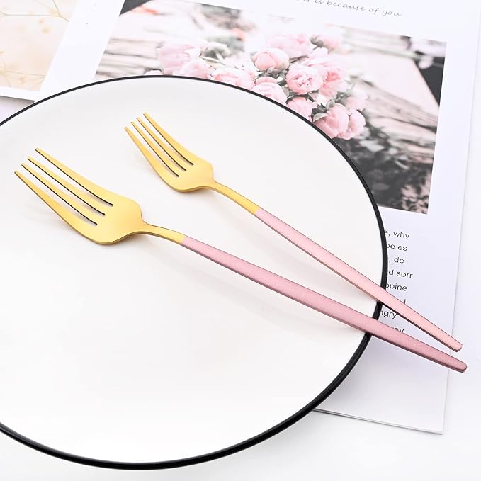 30-Piece Snplowum Mirror Flatware Serving Set, 18/0 Stainless Steel Dinnerware With Pink Handle, Modern Durable Home Kitchen Eating Tableware Set Service For 6 (Pink Gold)