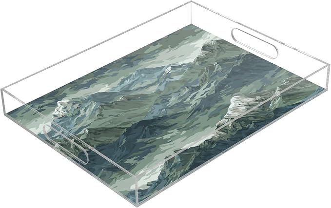Serving Tray with Handles Clear Acrylic Tray 12x16 Inch Decorative Rectangular Tray Organizer for Ottoman Coffee Table Bathroom Green Camounflage Mountain