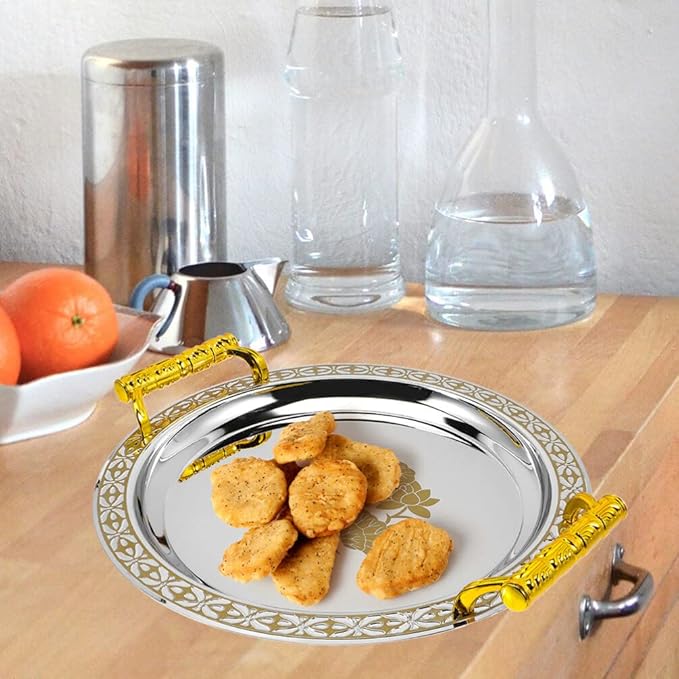 Zerodeko Stainless Steel Tea Tray Tea Serving Platter with Handles European Serving Tray Round Dinner Plate Retro Fruit Tray for Food Fruit Coffee Tea Golden, 33.5X33.5CM